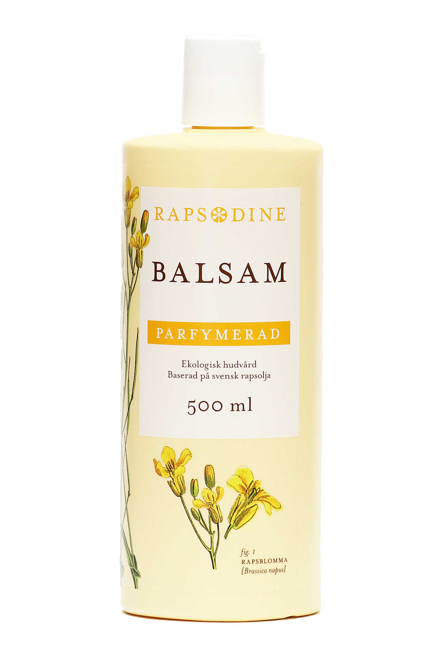 500 ml Balsam i ljusgul förpackning. Cylinderformad med vitt lock. Parfymerad. Rapsblommor i gul färg målade. Rapsodine i gul text överst på förpackning.